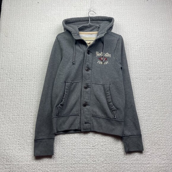 Y2K Hollister Women’s Button Down Oversized Hoodie Size S Grey Fleece Retro Logo - Picture 1 of 11